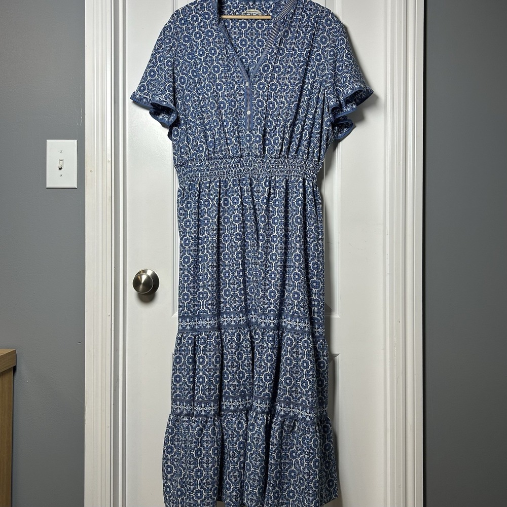 Max Studio Blue White Tile Print Smocked Waist Tiered Midi Dress Boho Chic Style - Picture 1 of 2